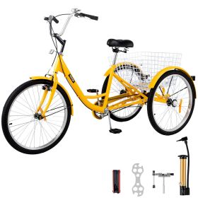 VEVOR Yellow Adult Tricycle 24'' 1-Speed 3 Wheel Bikes, Foldable Adult Tricycle 3 Wheel Bike Trike for Adults, Cruise Bike 24 Inch Seat Adjustable Tri