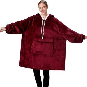 Qeils Oversized Wearable Blanket Hoodie, Comfy Sherpa Sweatshirt Pullover Jacket (Large Pocket, Burgundy, Adult)