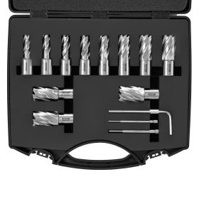 VEVOR Annular Cutter Set, 13 pcs Weldon Shank Mag Drill Bits, 1" Cutting Depth, 7/16" to 1-1/16" Cutting Diameter, M2AL HSS, 2 Pilot Pins, Hex Wrench