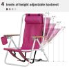 Folding Beach Chair Set of 2 for Adults, 4 Position Portable Backpack Foldable Camping Chair with Headrest Cup Holder and Wooden Armrests, Pink