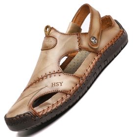 Summer Men's Sandals Genuine Leather Sandals Slides Breathable Rome Male Outdoor Beach Slippers Soft Men Beach Sandals Hot Sale (Color: Khaki, size: 7)