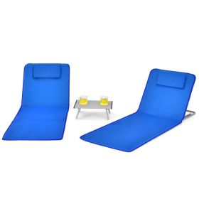 3 Pieces Beach Lounge Chair Mat Set 2 Adjustable Lounge Chairs with Table Stripe (Color: Blue)