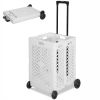 70L Foldable Rolling Cart Crate with Wheels Collapsible Basket with Telescopic Handle, Black/White