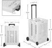 70L Foldable Rolling Cart Crate with Wheels Collapsible Basket with Telescopic Handle, Black/White